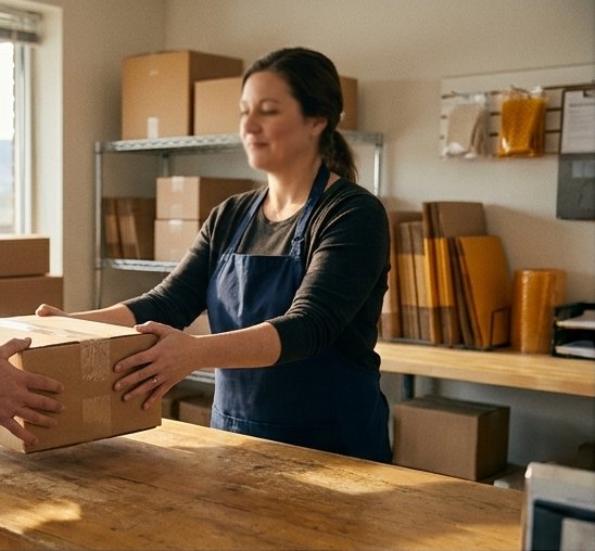 A Front Range Post clerk in a navy apron receives a box at the counter