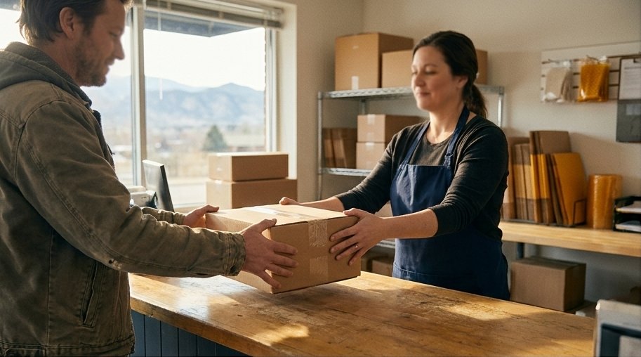 A customer hands a box across the wooden counter to a Front Range Post clerk, with the Front Range in the window behind them