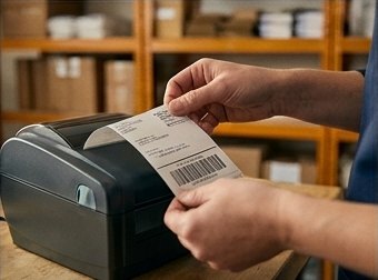 A freshly printed shipping label with its tracking barcode coming off the label printer