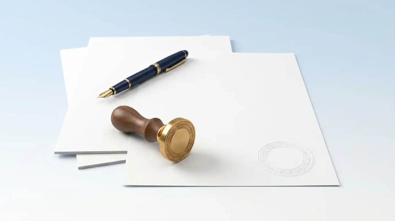 A brass notary embosser and a fountain pen resting on a stack of documents, the top page embossed with a seal