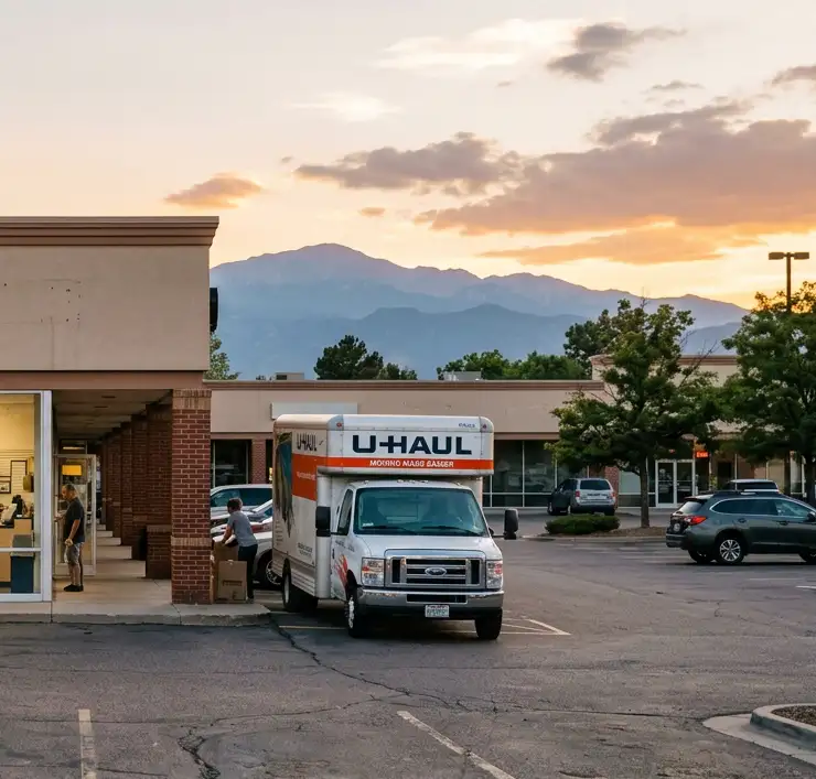 The Front Range Post entrance from the parking lot at sunset, a U-Haul truck parked by the door and the mountains behind