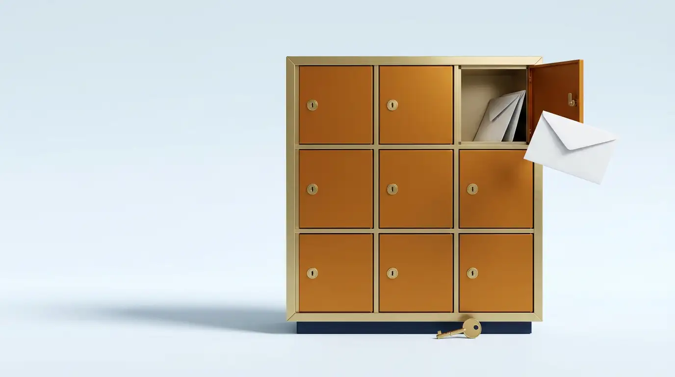 A bank of nine brass private mailboxes, one standing open with mail inside, and a key resting below