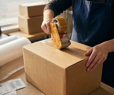A clerk tapes a shipping box shut at the packing bench, label and bubble wrap ready