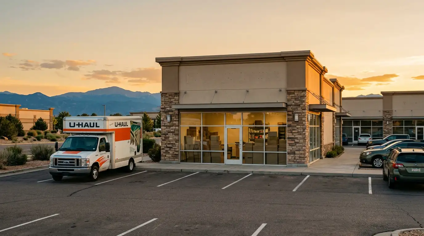 A U-Haul truck parked in front of the Front Range Post storefront at sunset, with the mountains behind